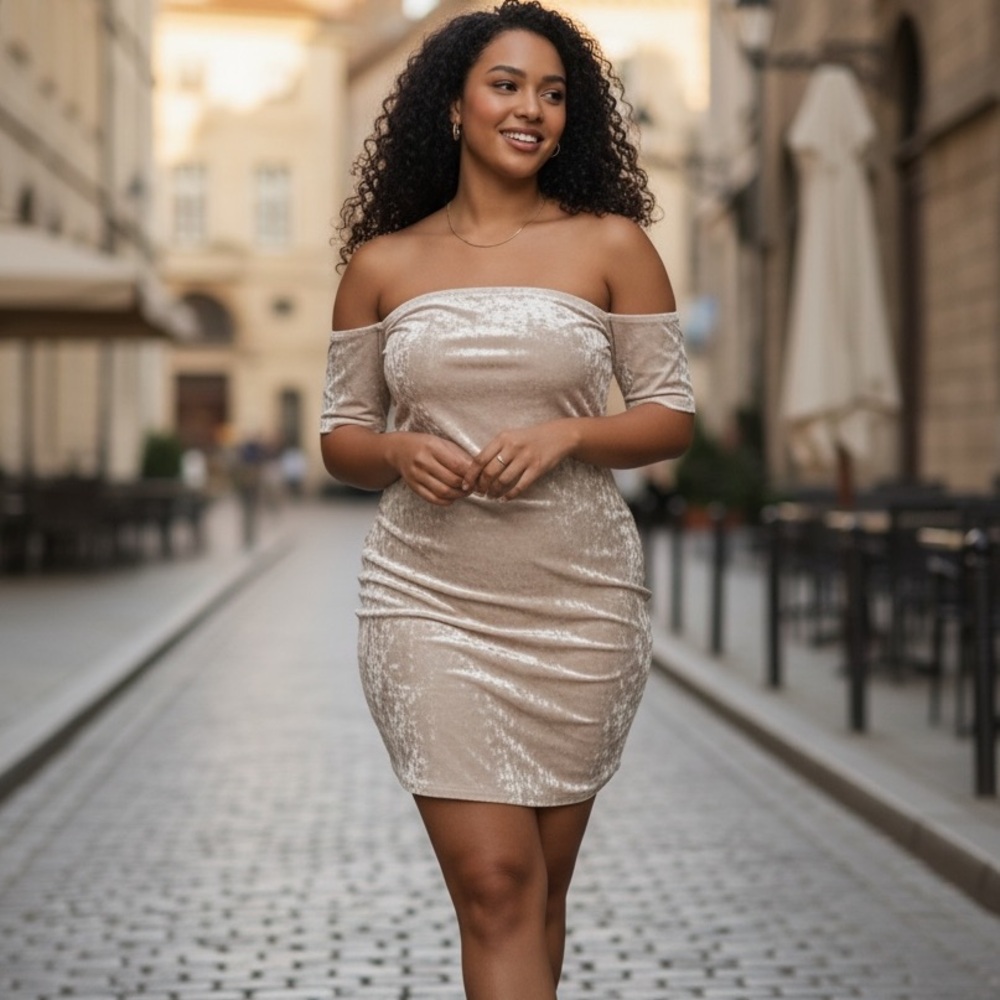 Creme De La Creme Crushed Velvet Off Shoulder Dress•2X